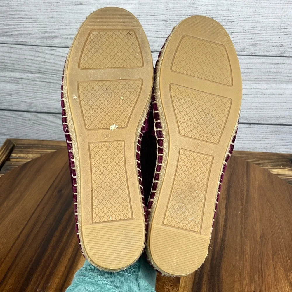 Tory Burch Chain Logo Velvet Espadrilles Bordeaux Purple Flats Women’s Size 6